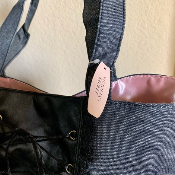 NWT Victoria’s Secret Denim & Satin Lace Up Tote - Picture 3 of 8